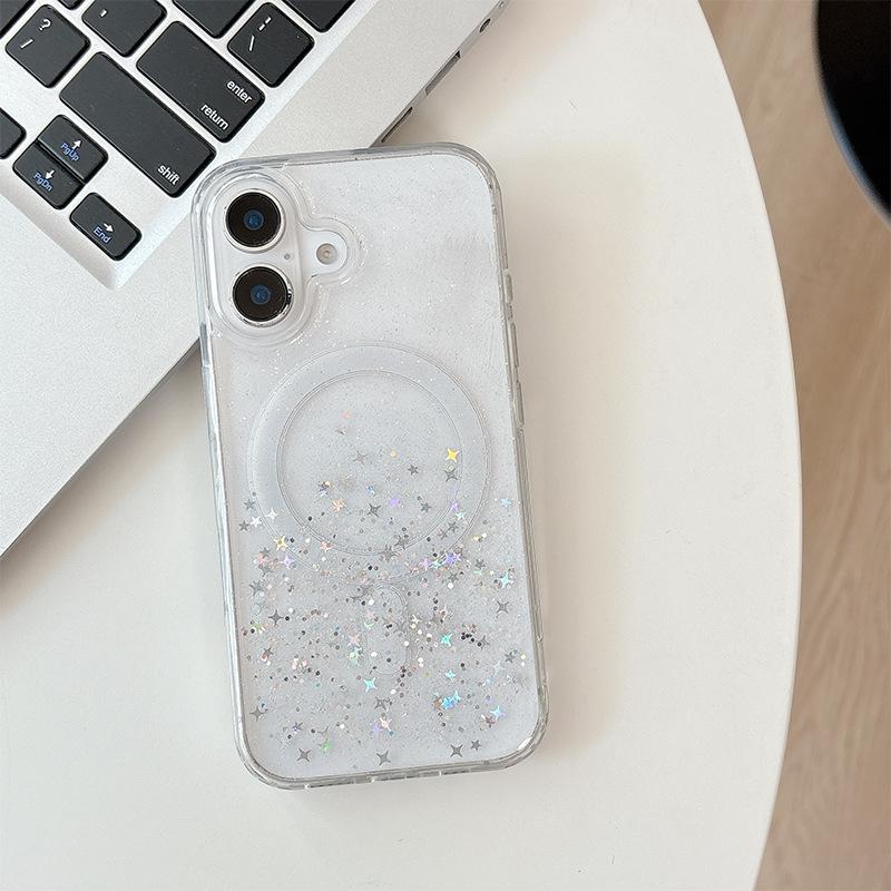 Applicable to Apple 16Promax transparent glitter star 17 sequin magnetic mobile phone case Iphone15 Epoxy soft case