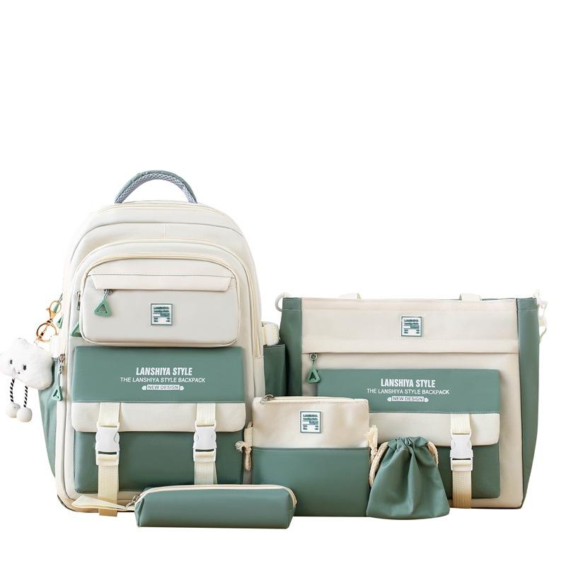 5-Piece Backpack Set Color Block Large Capacity School Bag Korean Style for High School College Students Travel