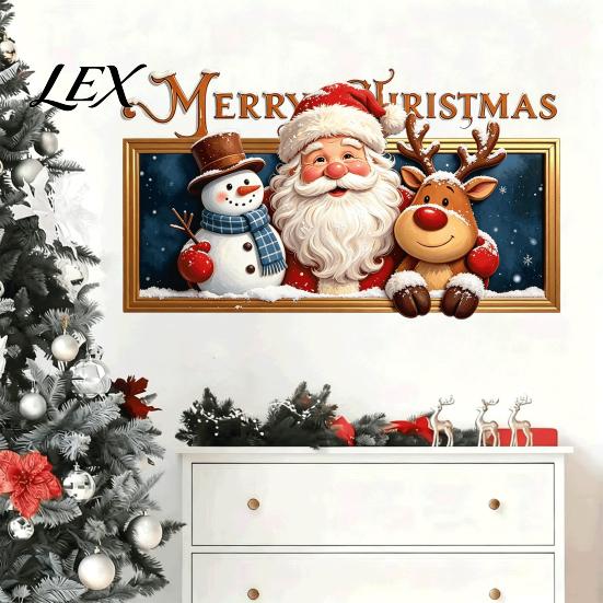 Cartoon Christmas Wall Stickers Stickers, Santa Claus Reindeer And Snowman Decals with Photo Frame Removable Design, PVC Self-adhesive Art Decor