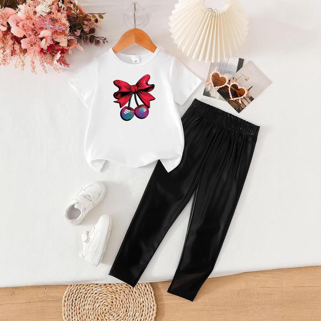 Summer Girls' Fashionable Two-Piece Clothing Set: Short Sleeve Top & Printed Long Pants