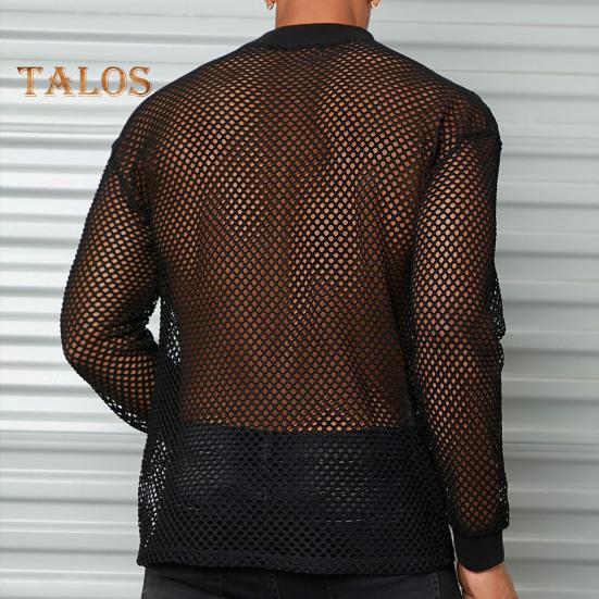 Men Mesh Top Ultra Thin See-through O Neck Long Sleeves Solid Color Stretchy Loose Fit Muscle-Enhancing Party Homewear Club Dance Performance T-shirt