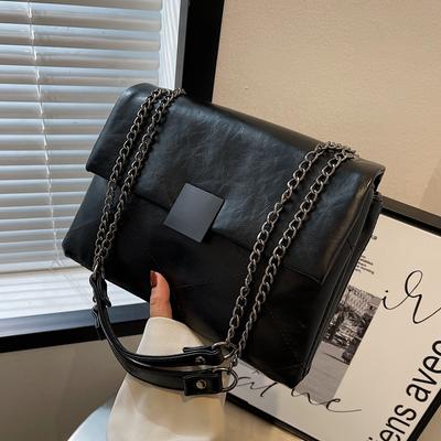 Bolsas femininas de couro PU com corrente, bolsa de ombro casual da moda feminina, estilo coreano, simples, combina com todas as bolsas femininas, bolsas mensageiro