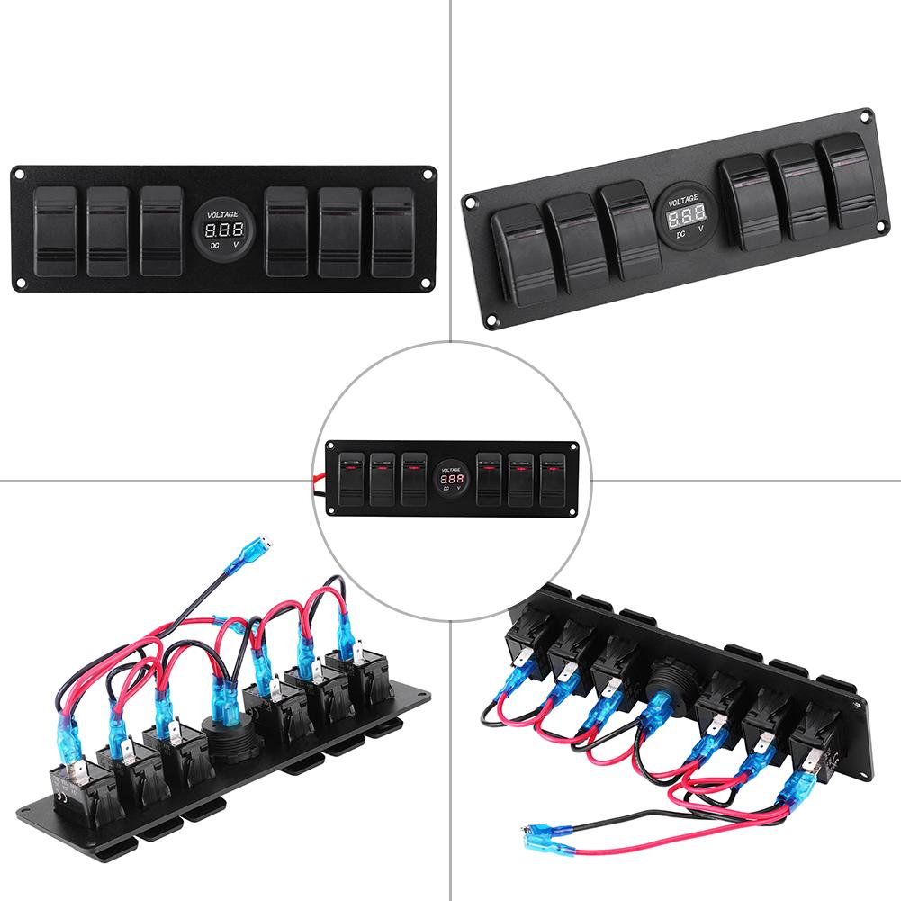 6 Gang Red LED Rocker Switch Panel with Voltmeter for Car RV Boat Yacht Marine 12V-24V