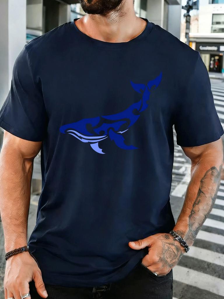 Unisex Crew Neck Tee Tribal Style Blue Whale Silhouette Print Short Sleeve Top Summer Daily Outdoor Loose Soft Casual Basic Wear
