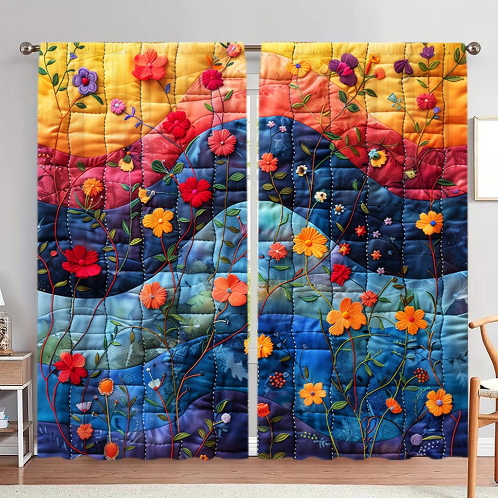 2pcs Playful Blanket with Flowers Printed Curtain for Home Decor - Rod Pocket Window Treatment for Bedroom, Office, Kitchen
