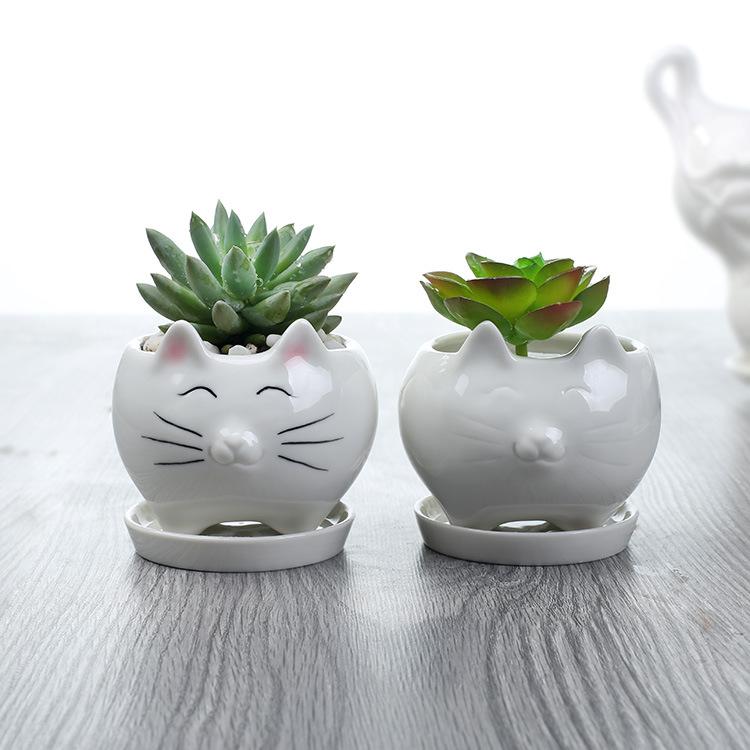 European Mengmeng Cartoon Kitten White Ceramic Flower Pot, Creative Gardening Balcony Succulent Flower Pot Ornament