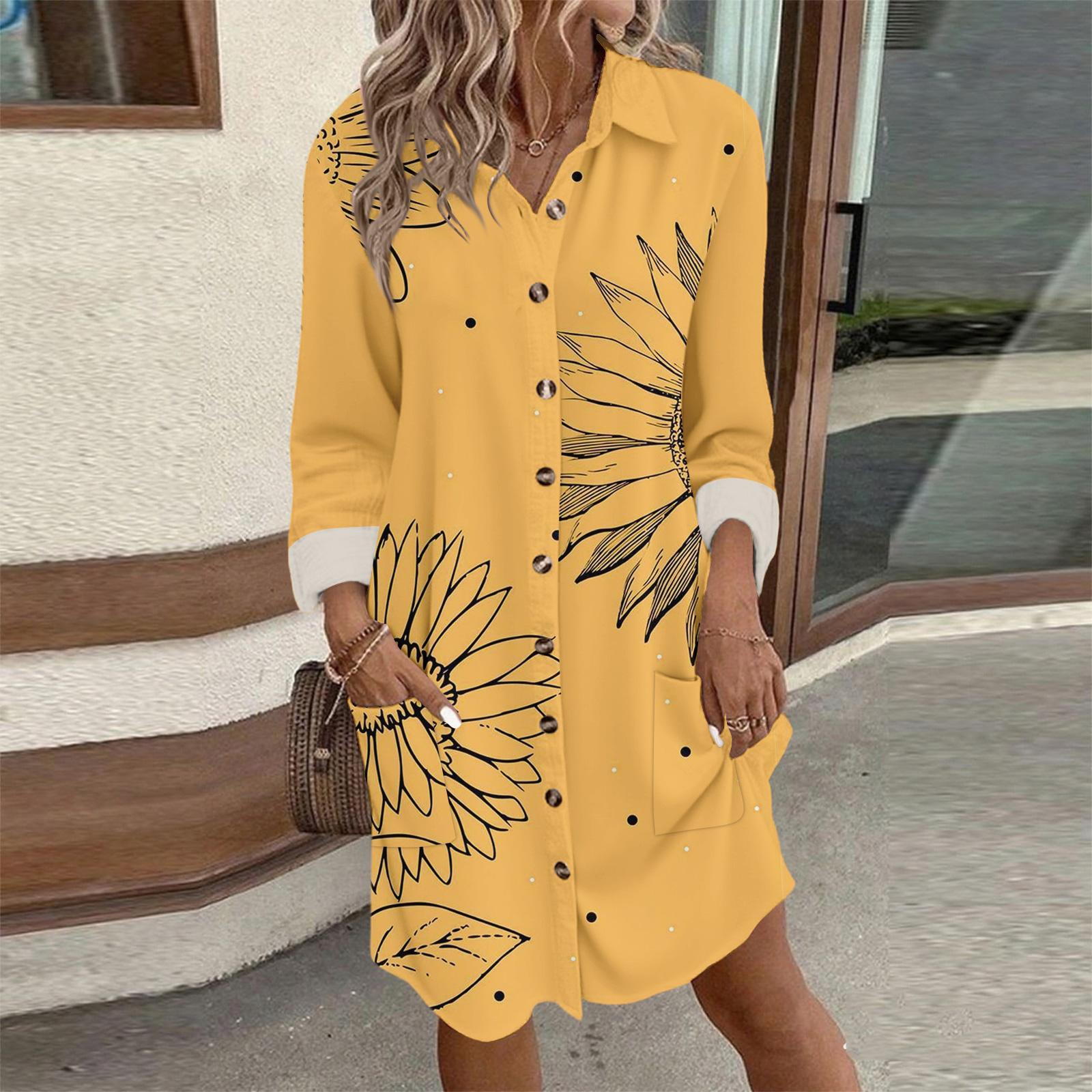Women s Fashion Temperament Autun And Winter Button Lapel Pocket Long Sleeve Floral Print Dress XXL жёлтый