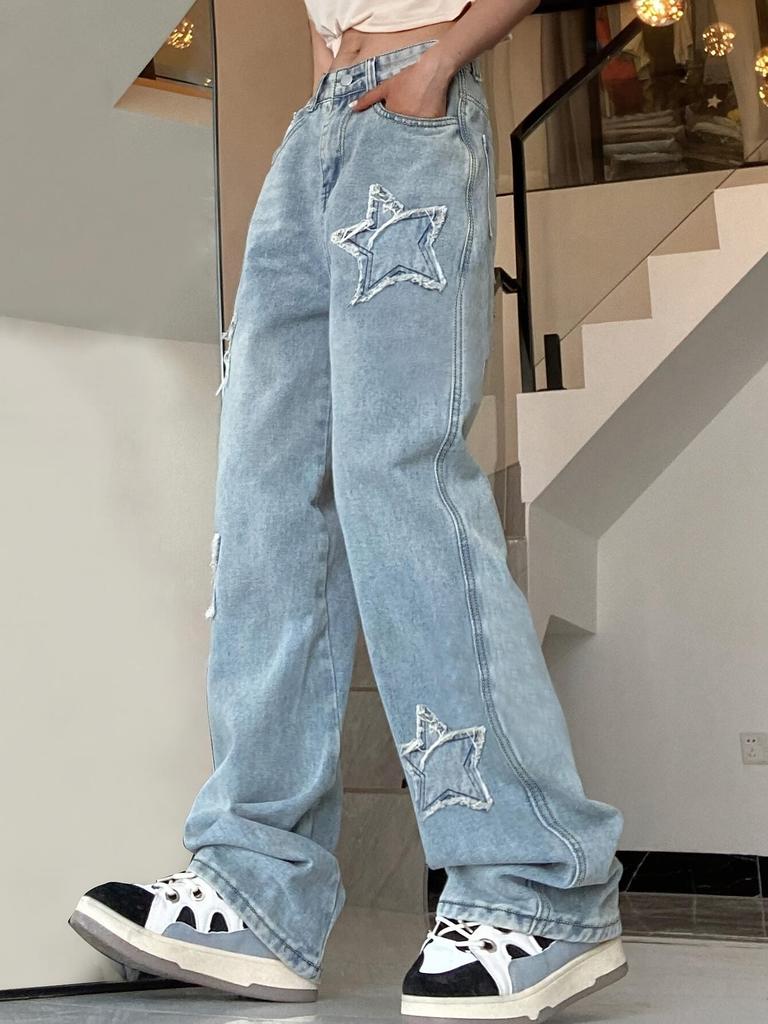 Blue Star Shape Patchwork Straight Jeans, Loose Fit Slant Pockets Non-Stretch Denim Pants, Women's Denim Jeans & Clothing