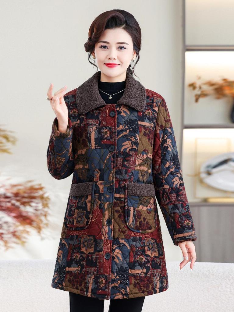 Autumn/Winter 2025 Mid-Length Plus Velvet Cotton Jacket for Stylish Middle-Aged and Elderly Women