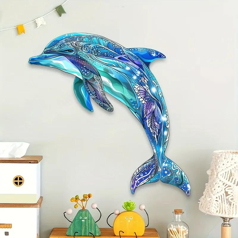 1pc Durable Decoration for Living Rooms, Bedrooms and Outdoor Spaces - Ideal Housewarming Gifts -Colorful Metal Dolphin Wall Art