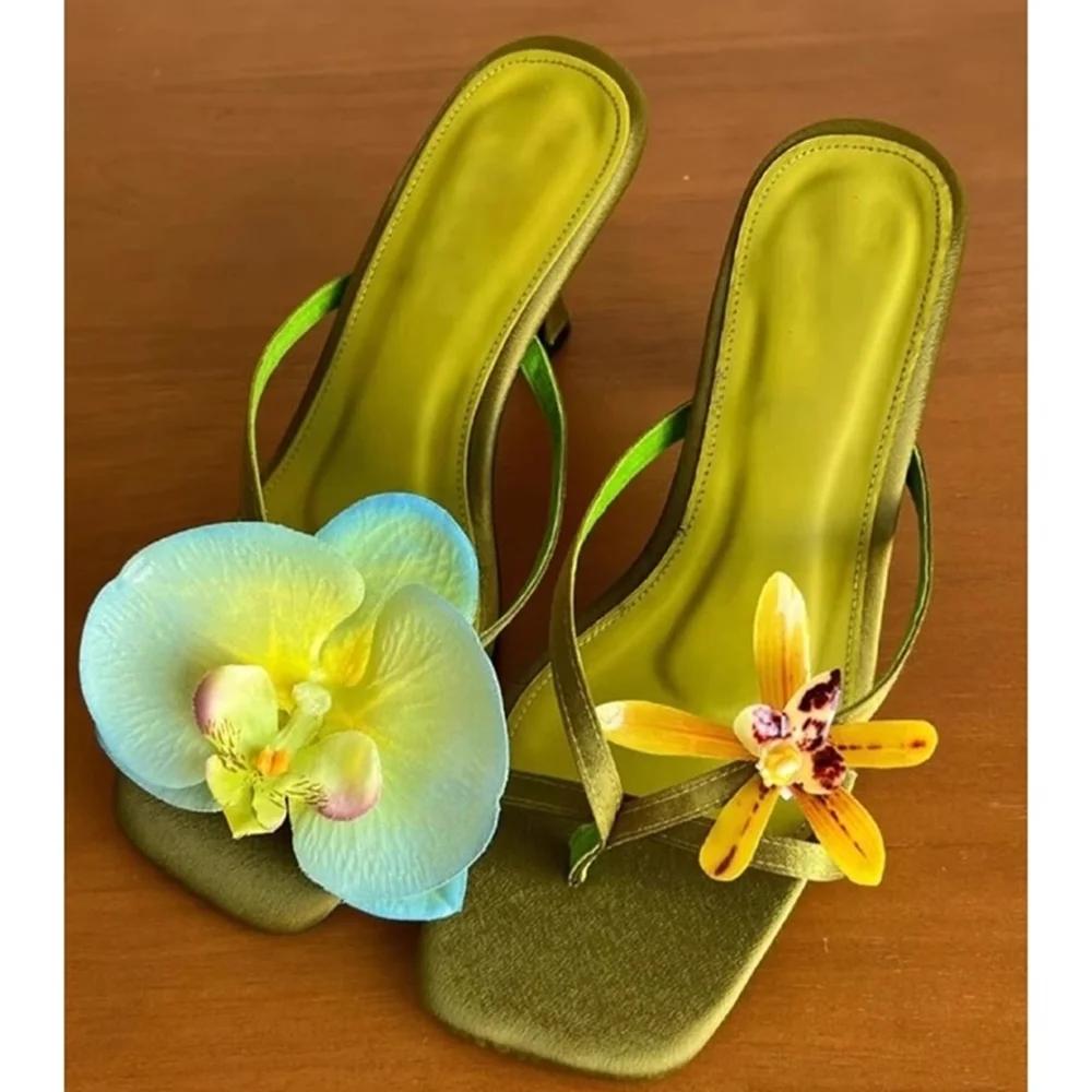 Flowers Decoration Flip Toe Slippers Sexy Square Toe Thin Heel Corss Tied Slip On New Arrivals Fashion Women Shoes