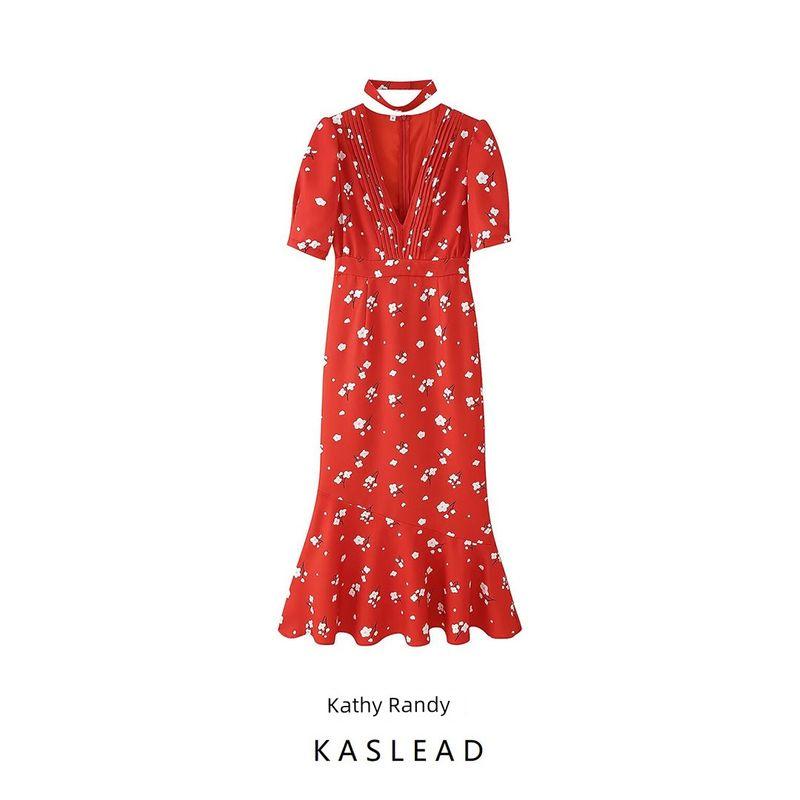 Kaslead New Women Clothes Western Style Fashion with Collar Puff Sleeve Strip Drawing Decoration Print Dress