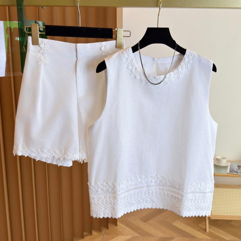 Summer 2025 Women's Chinese Style White Lace Cotton Linen Vest & Shorts Set