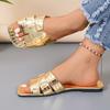 Goldene flache Damen-Sandalen mit offenem Absatz Ledersandalen Badeschuhe Strandschuhe Bequeme Slip-On-Sandalen für Damen