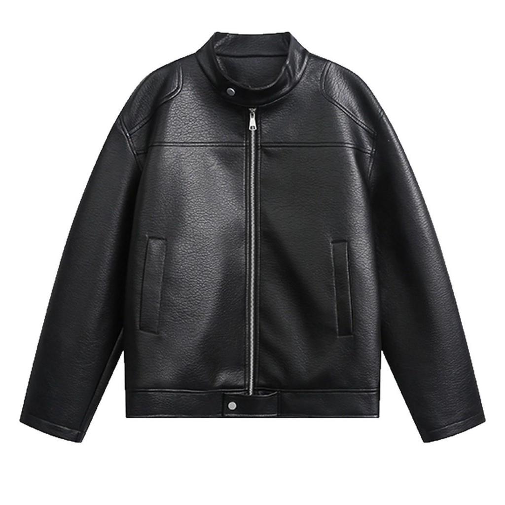 Men's High-End Black Leather Motorcycle Jacket with Shoulder Pads and Stand Collar