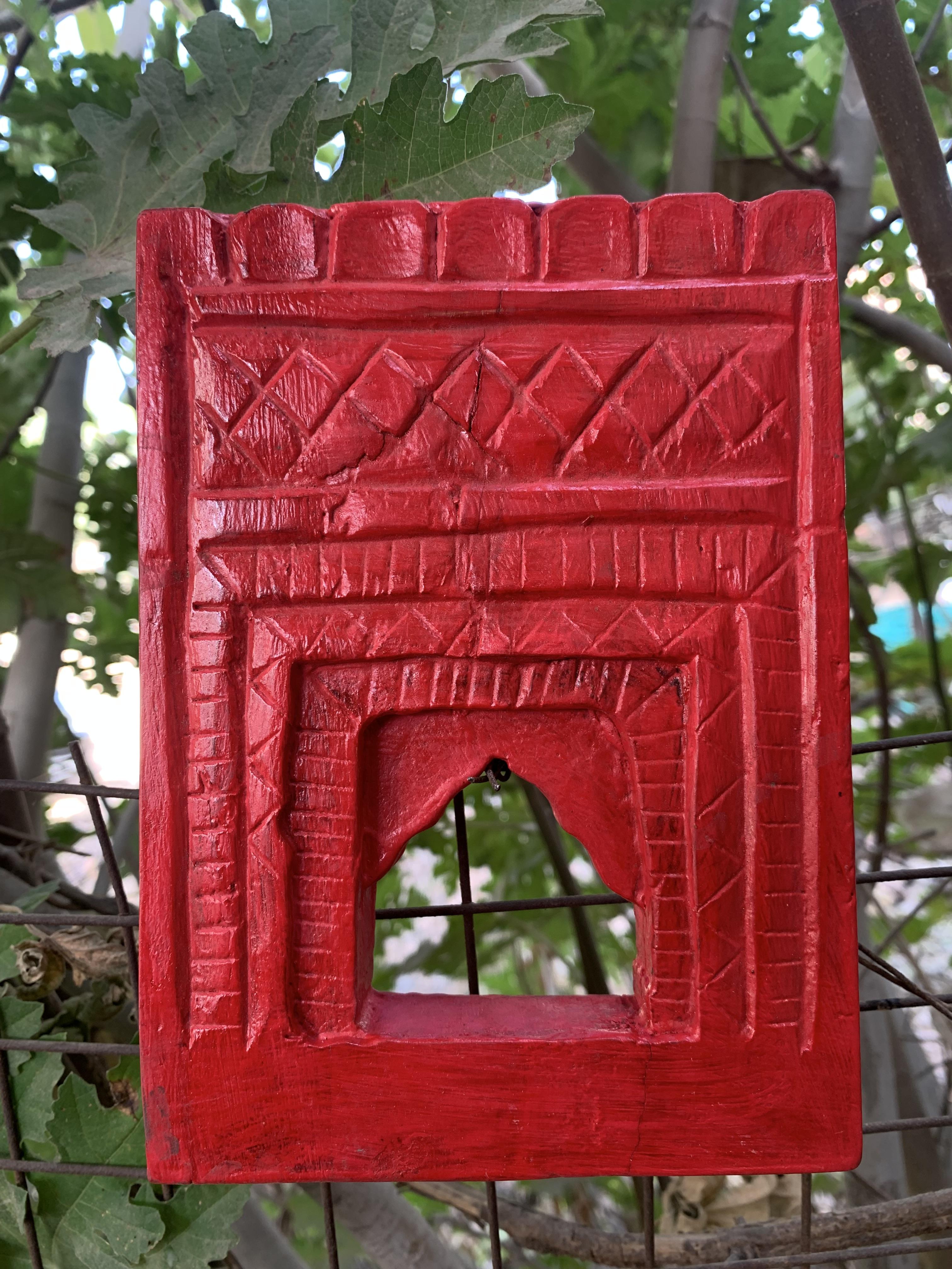 

Hand Carved Red Wooden Jharokha Frame | Mini Indian Window Wall Decor 7 x 5 x 1 (h x l x w) approx.