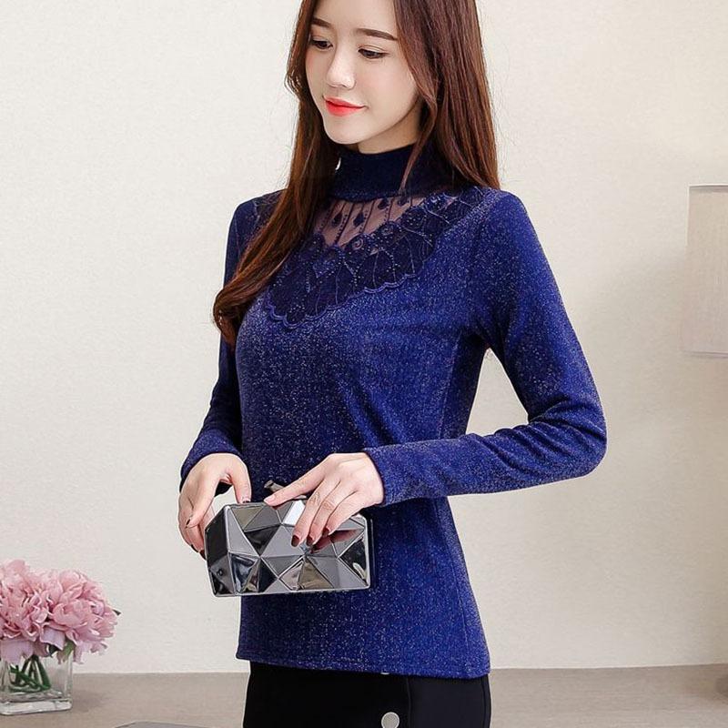 Women Bottom Lace Mesh Diamonds Blouse Autumn Winter Slender Warm Long Sleeves Shirt Elegant Vintage Solid Hollow Out Tops