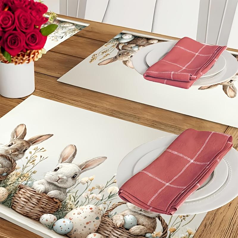 Set of 6 Easter Bunny Placemats, Rectangular Polyester Table Mats Featuring Eucalyptus Leaves, Machine Washable, 12X18 Inches, Perfect for Spring