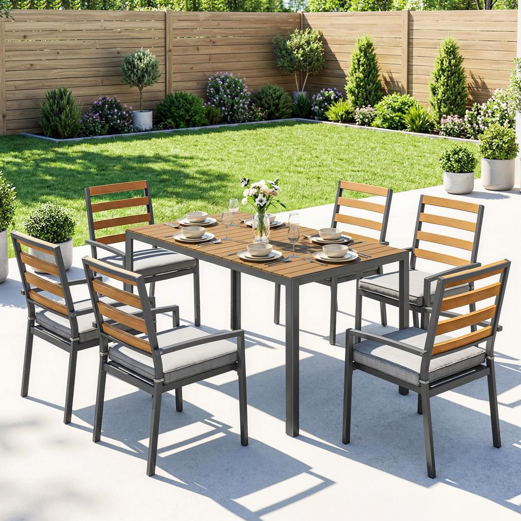 7-Piece Seating Set Garden Furniture Set, Garden Set with 1 Dining Table, 6 Chairs, Cushions, for Patio, Natural Wood