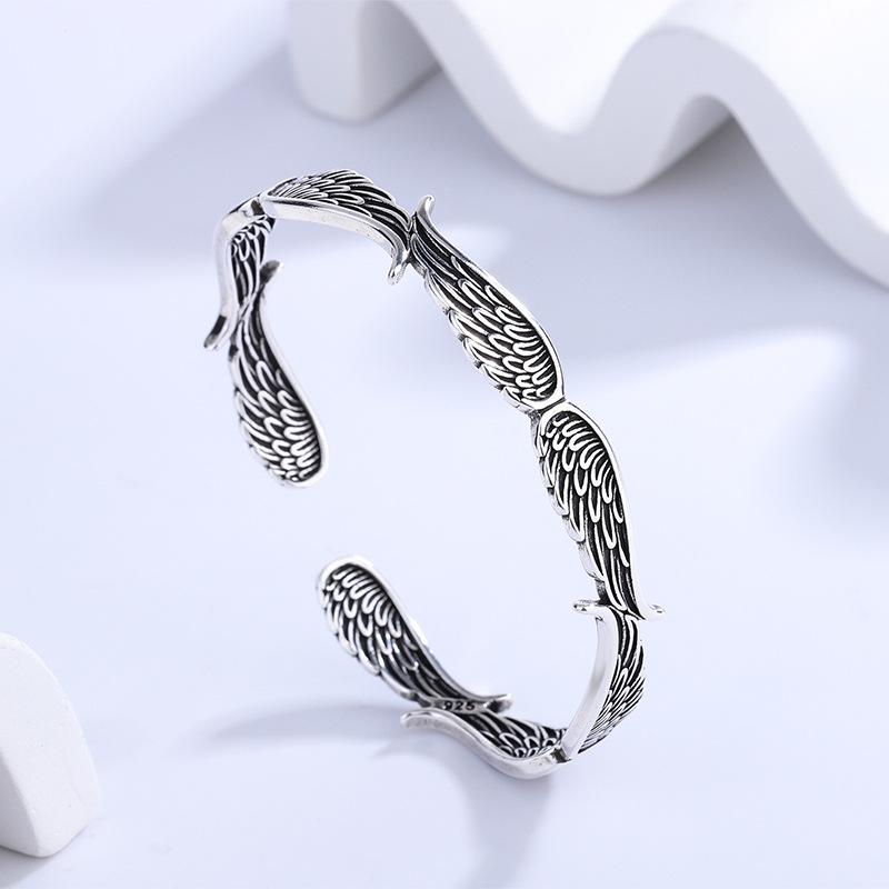 PANJBJ 925 Sterling Silver Feather Adjustable Couple Bangle Gothic Punk Design Women Jewelry Gift Lucky Bracelet Dropshipping