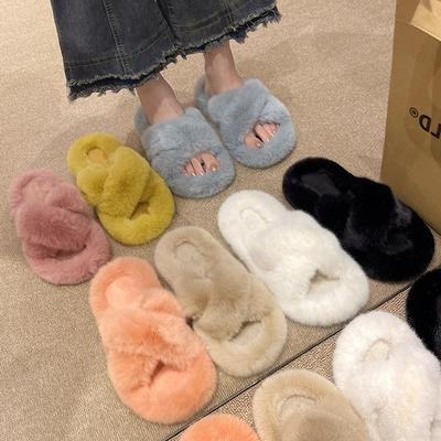 Mode Luxusmode Ein Wort Dicke Fellpantoffeln Doppelfellpantoffeln Lässige Zuhause Baumwollschuhe Damen Flache Plüsch-Kreuzriemen-Pantoffeln
