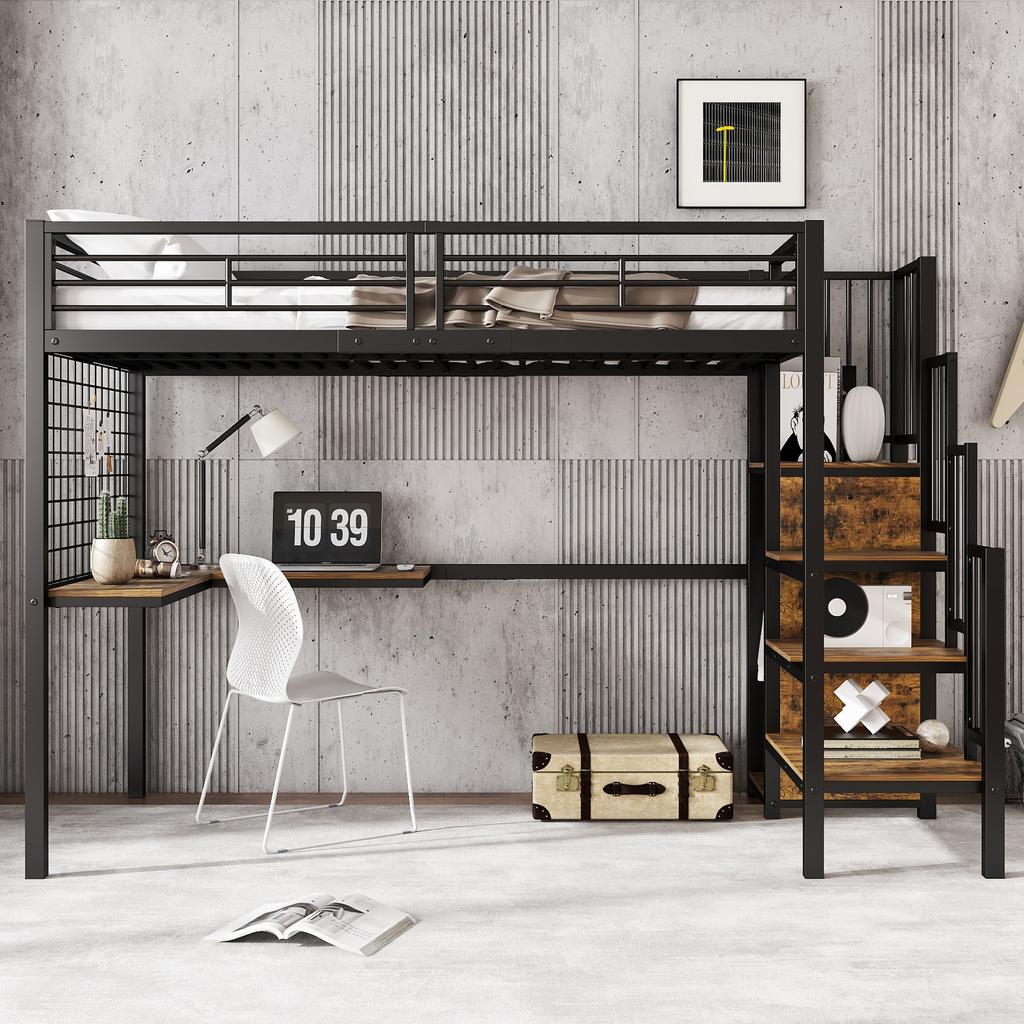 [32552890SAA] Iron Bed, Bunk Bed, Loft Bed, with Desk and Wardrobe, Side Ladder with Handrail, Iron+Chipboard, Black+Dark Wood Color, 90x200cm