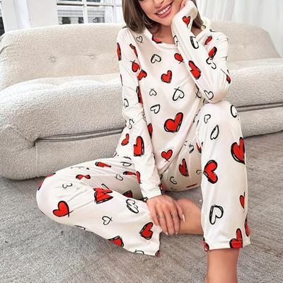 Yousheng 2 Pcs/Set Winter Women Underwear Set Heart Print Round Neck Long Sleeve High Elastic Fall Spring Pajamas Set Homewear Sleepwear Clothing