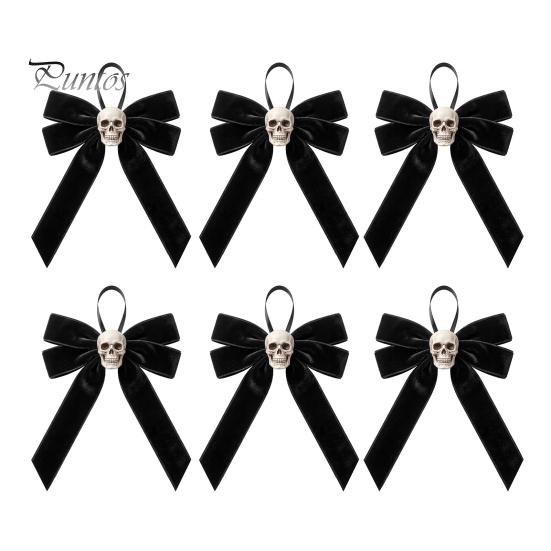 Vintage Style Hanging Ornament Halloween Velvet Bows with Skull Ornaments for Tree Decoration, Black Bow Pendant Gothic Flannel Home Holiday
