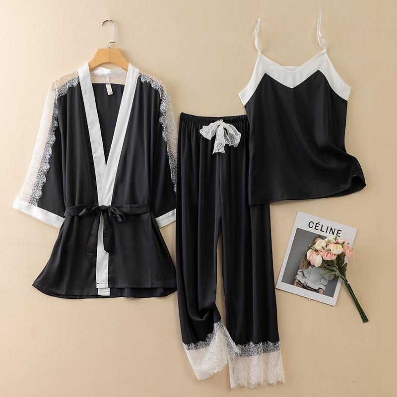 

Женская пижама из трех частей, весенне-летний халат-кимоно, пижама-халат, свободная атласная домашняя одежда, сексуальная кружевная пижама M чёрный
