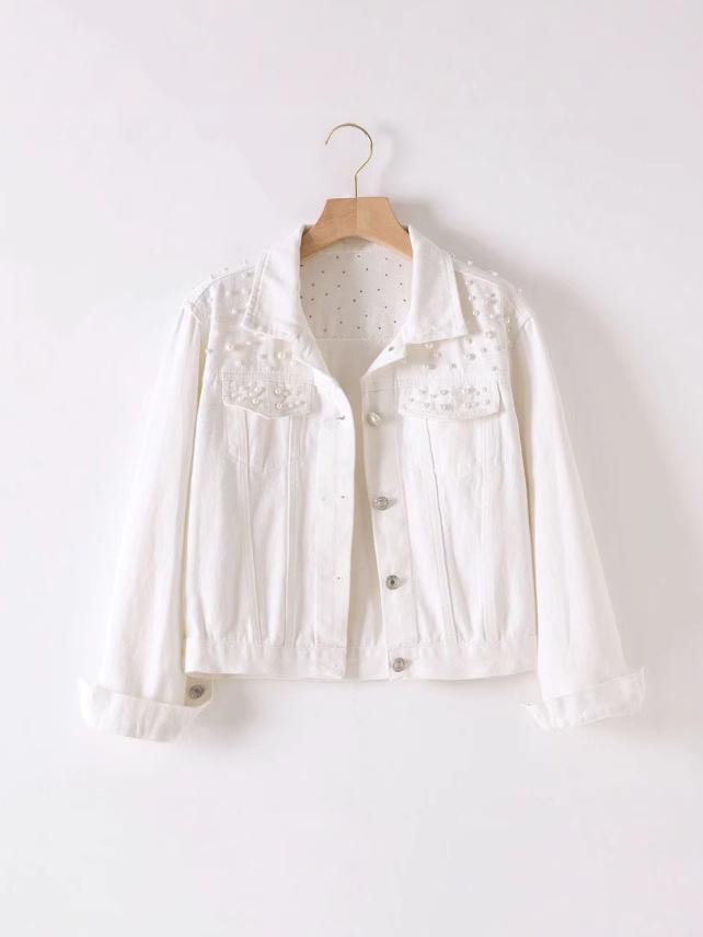 2025 Oversizowana damska kurtka dżinsowa z haftowanymi perłowymi koralikami