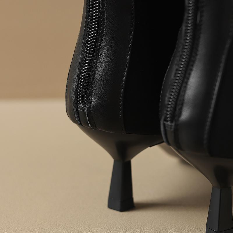 Fashion Women's new autumn pointed leather cowhide color blocked small fragrant style high-heeled plus size and calf zipper short boots