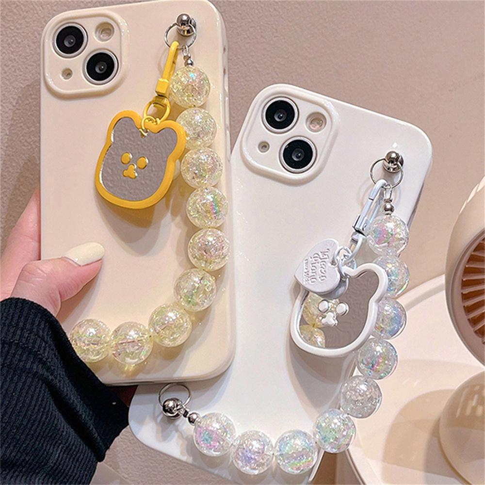 Korean Cute Bear Pearl Heart Pendant Glitter Bead Bracelet Soft Case For Iphone 14 12 11 13 Pro Xr X Xs Max Protective Cover