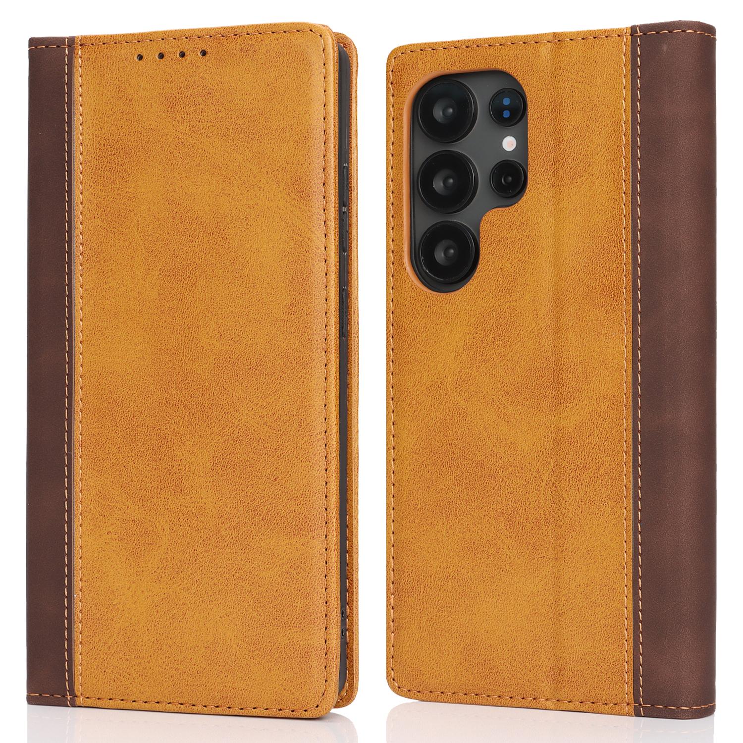 

For Samsung Galaxy S25 Ultra Case Calf Texture 3 Card Slots Color Splicing Leather Phone Cover Yellow+Brown