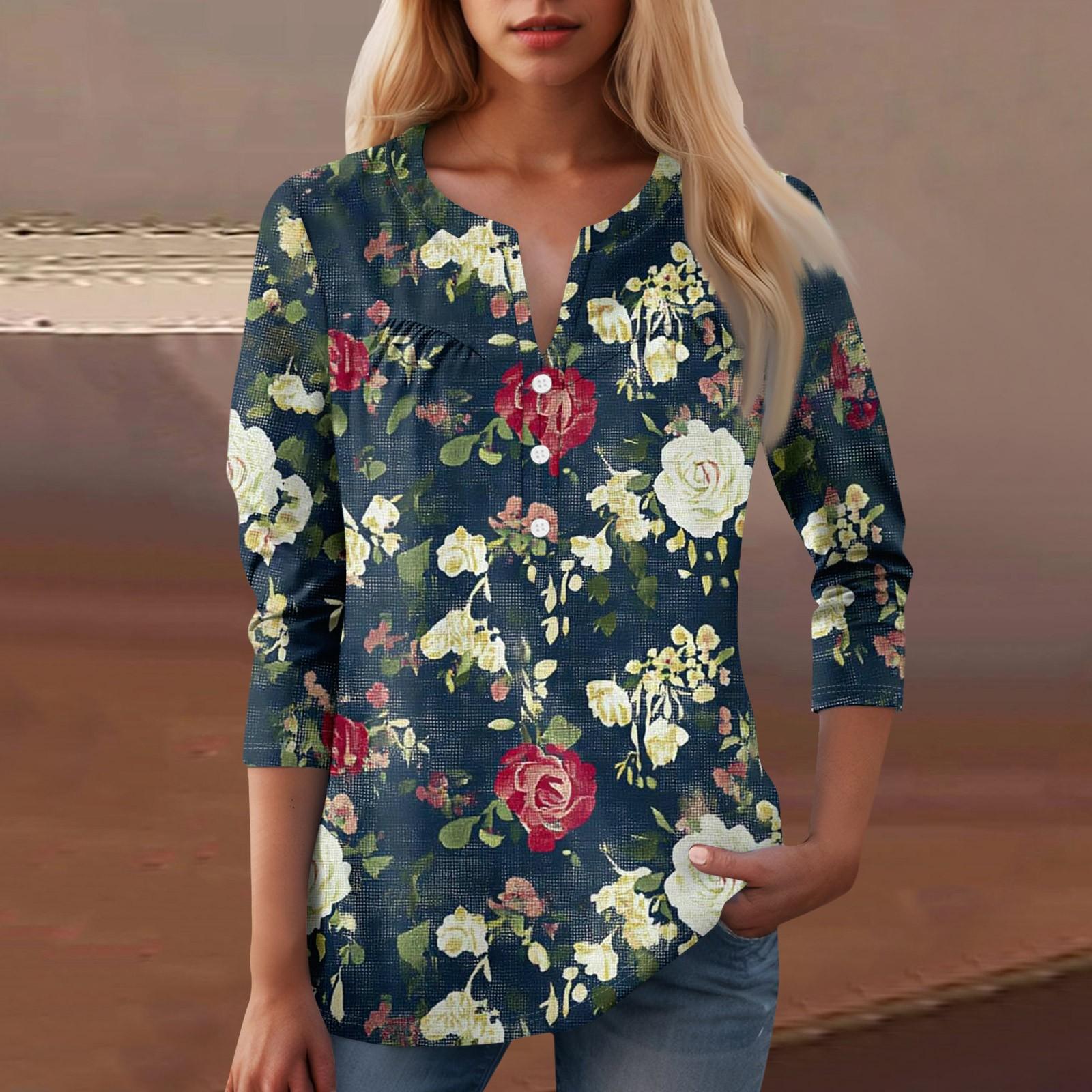 

Женская повседневная футболка с цветочным принтом и V-образным вырезом, декоративная пуговица S зелёный