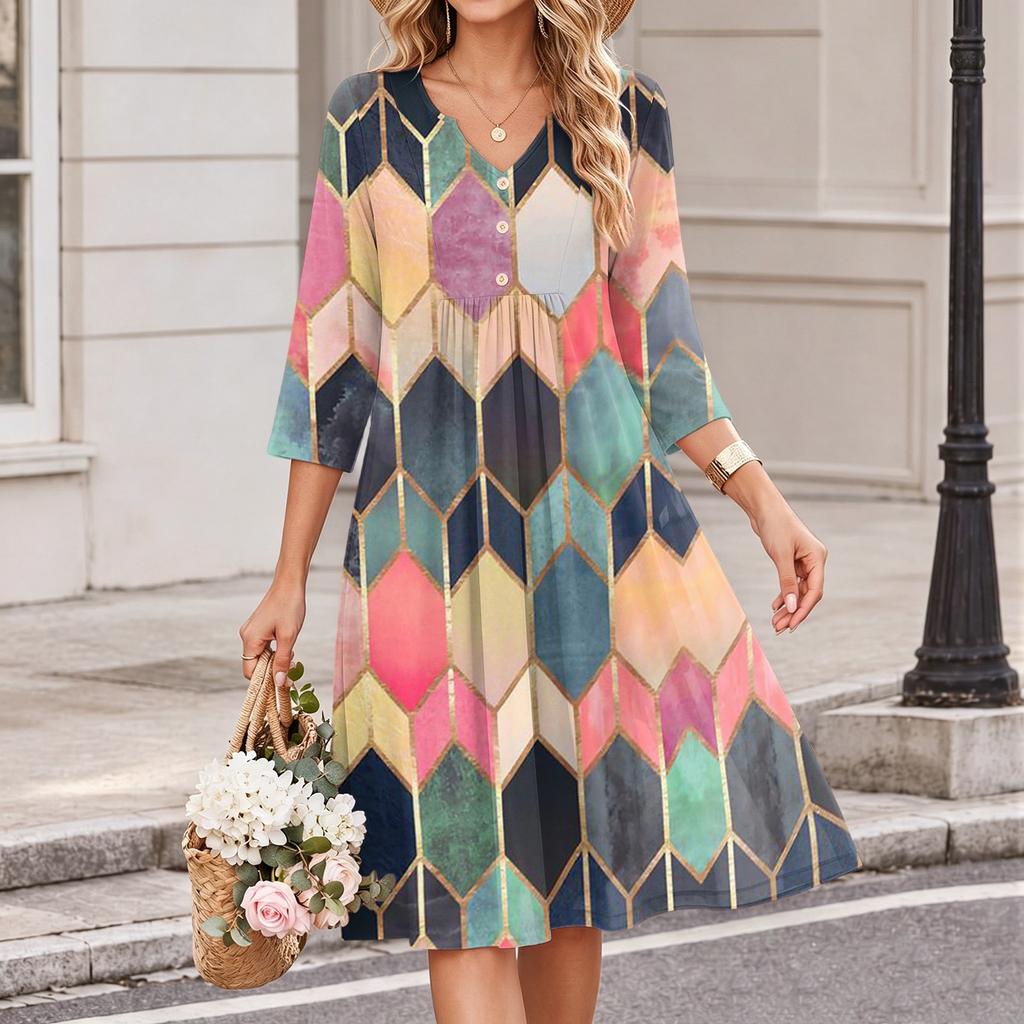 Women's Fashionable Floral Print V-Neck Three-Quarter Sleeve Casual Summer Dress