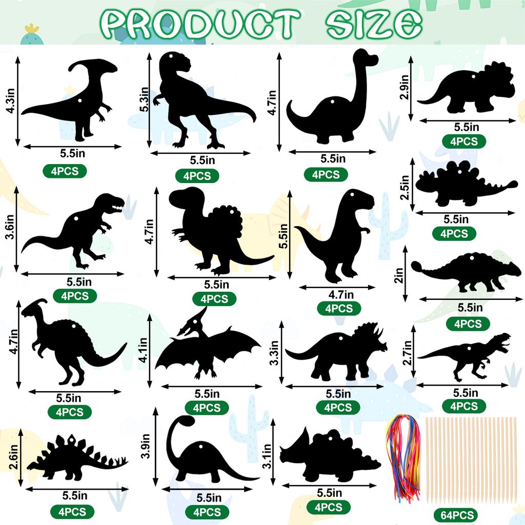 64 Pcs Dinosaur Theme Scratch Cards Rainbow Scratch Paper Dinosaur Crafts Art Card Dinosaur Scratch Card Art Kit Diy Art Craft