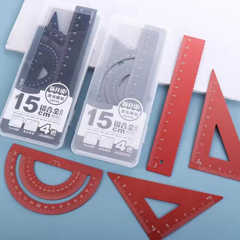 4 szt./zestaw Aluminiowy zestaw linijek Metalowy/Plastikowy/Miękki Geometria Matematyka Cyrkiel do rysowania Artykuły papiernicze Linijki Matematyczne Do szkoły