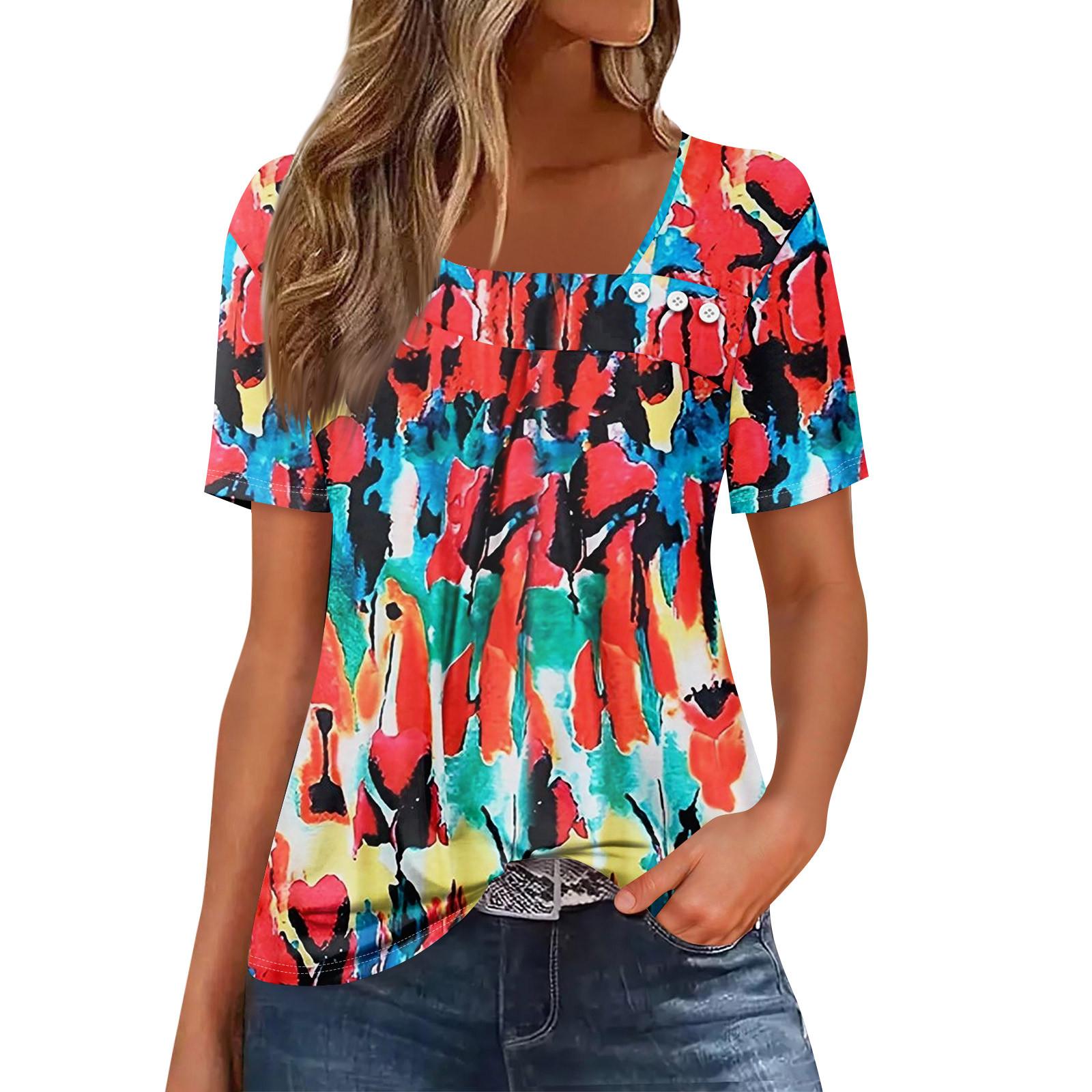 

Жіноча повсякденна футболка з асиметричним вирізом і короткими рукавами з принтом і декоративними ґудзиками XL кавун червоний колір