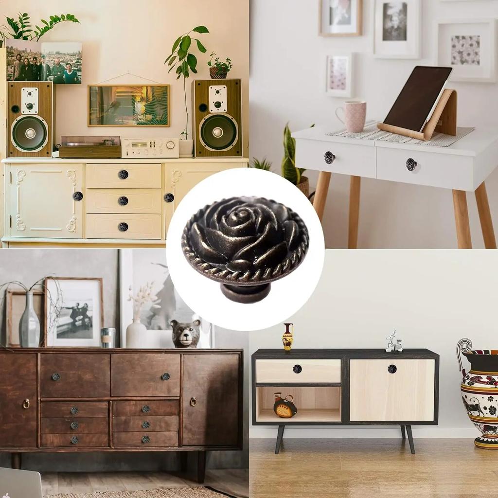 Vintage Rose Cabinet Knobs, Antique Bronze Cupboard Dresser Door Pull Round Zinc Alloy Knob Flower Drawer Handles