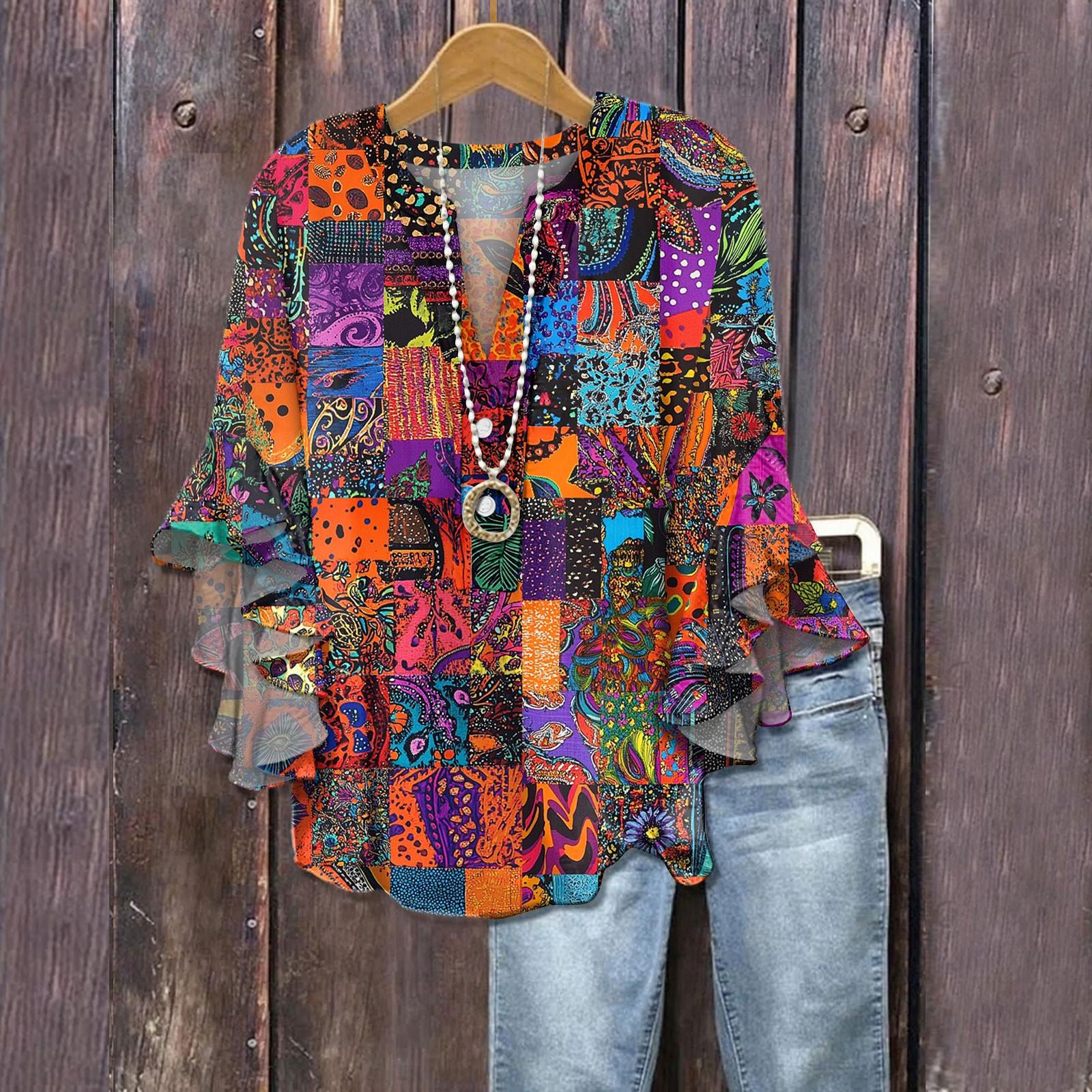 

Літні топи для жінок Милі блузки з V-подібним вирізом та рукавом 3/4 Топ з квітковим принтом Повсякденні сорочки S