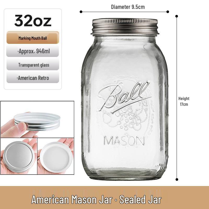 Bicchiere Mason Jar Americano Retrò con Coperchio - Tazza di Vetro per Fiocchi d'Avena, Contenitore Trasparente per Bevande, Sigillato e Vuoto.