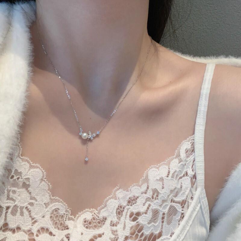 Sterling Butterfly Pendant Necklace With Freshwater Pearl Tassel Adjustable Chain Women Fashion Office Wear