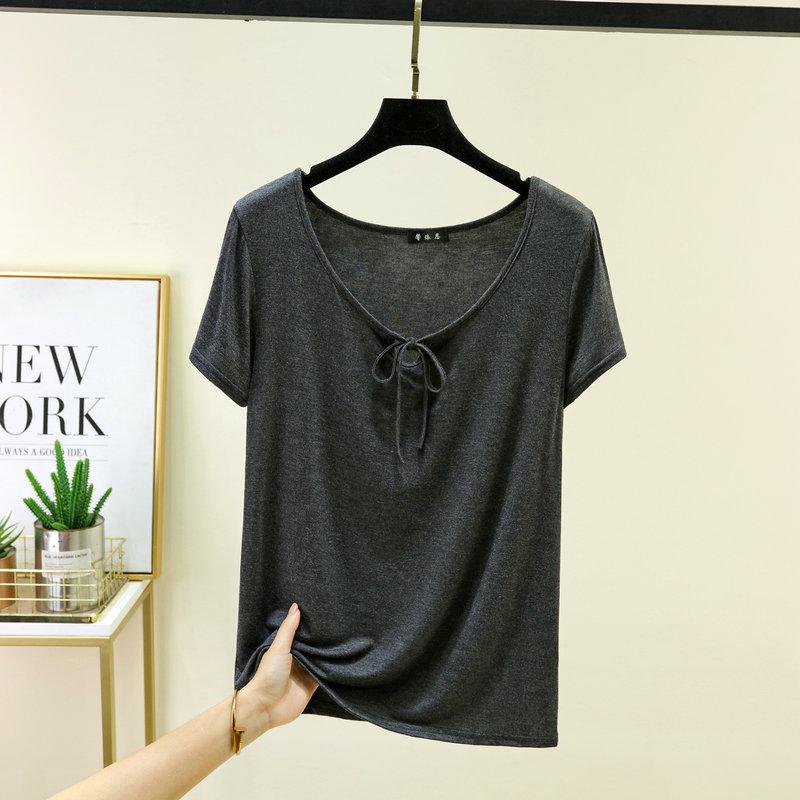 Korean Style Drawstring Modal Short Sleeve Tshirt Cute Slim Fit O Neck T-Shirt Lightweight & Soft Casual Tee Tops for Women Trendy Summer Basic Shirt