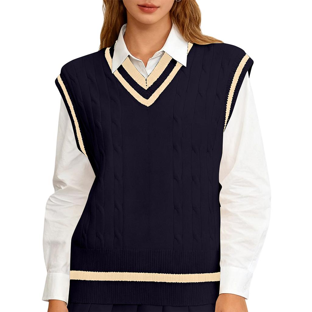 Women's Casual V-Neck Pullover Shirt Collision Color Sleeveless Sweater Vest