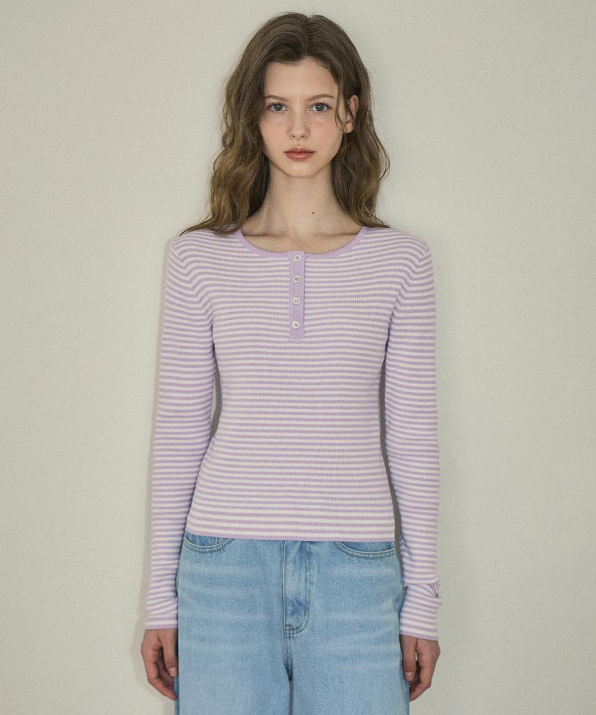 Aueonoseuteljia Chewy Ribbed Button Stripe Knit_Lavender Fog(Oc25-Kn02)