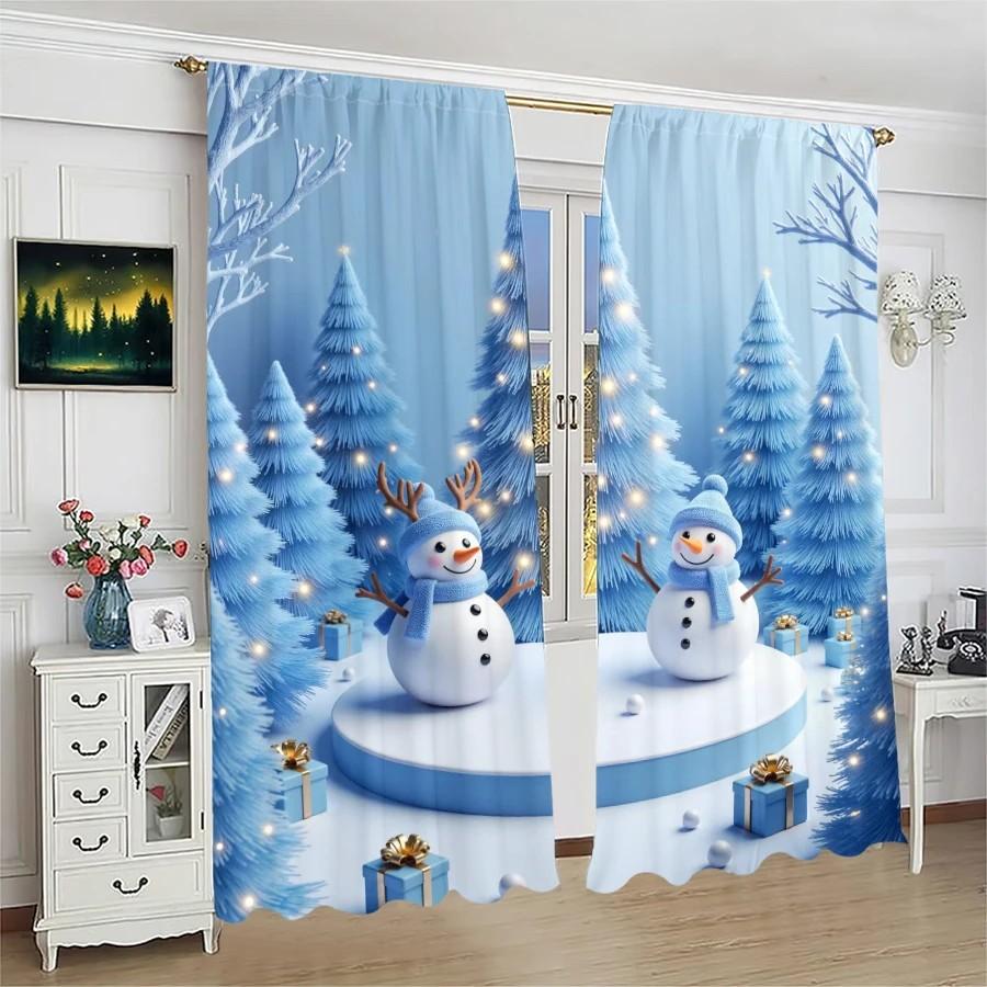 Set Of 2 Jit Snowy Tree Snowman Printed Curtain Voile Christmas Window Decor Home Curtains Sheer Made Polyester