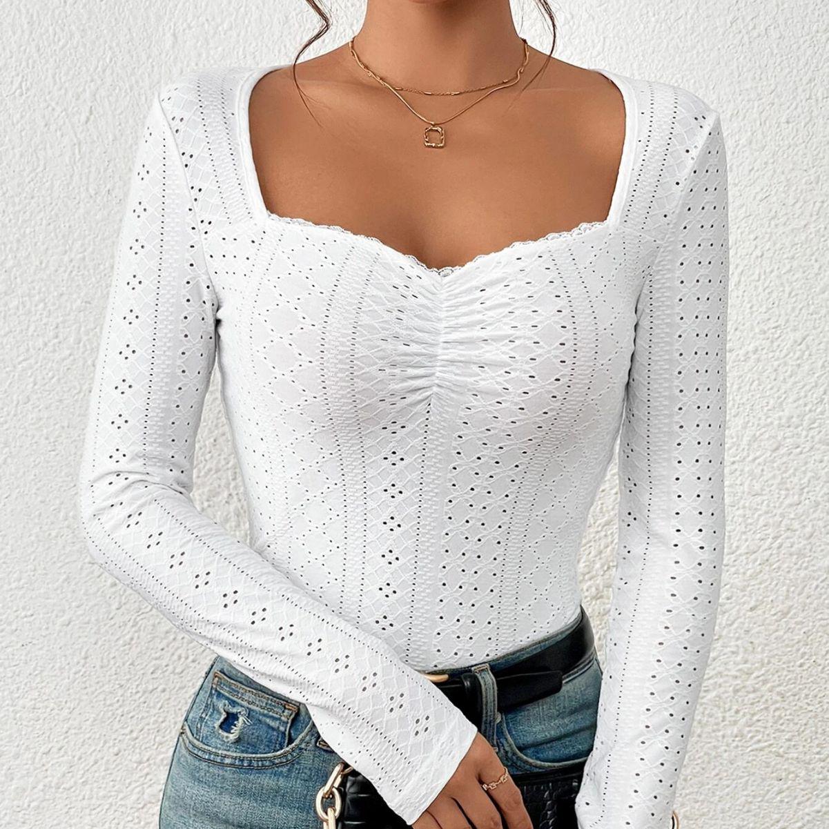 2026 European & American Sweetheart Collar Embroidered Eyelet Pleated Bust Lace T-Shirt for Women XS белый