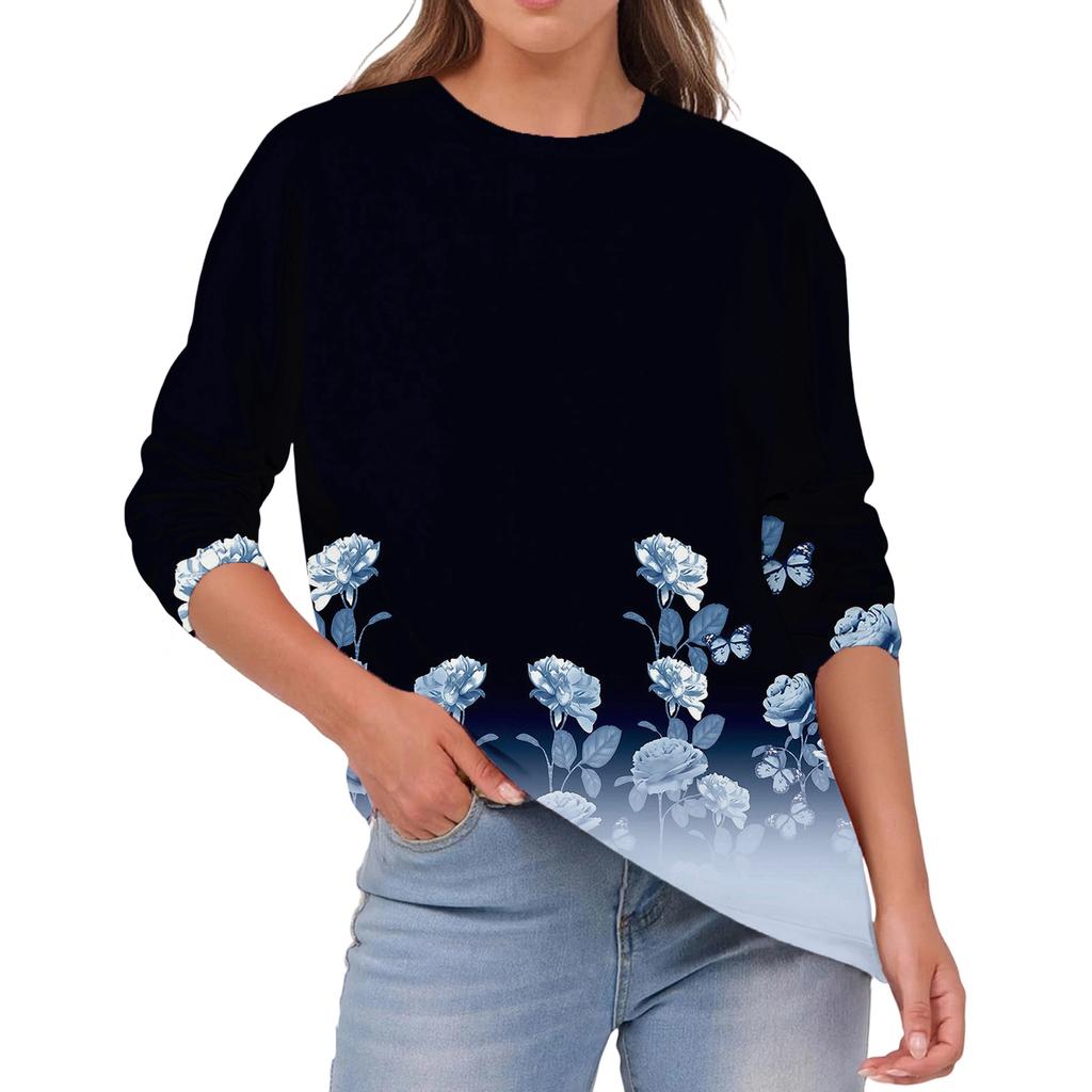 Damen Modisches Lässiges Rundhals Einfarbig Langarm Oberteil