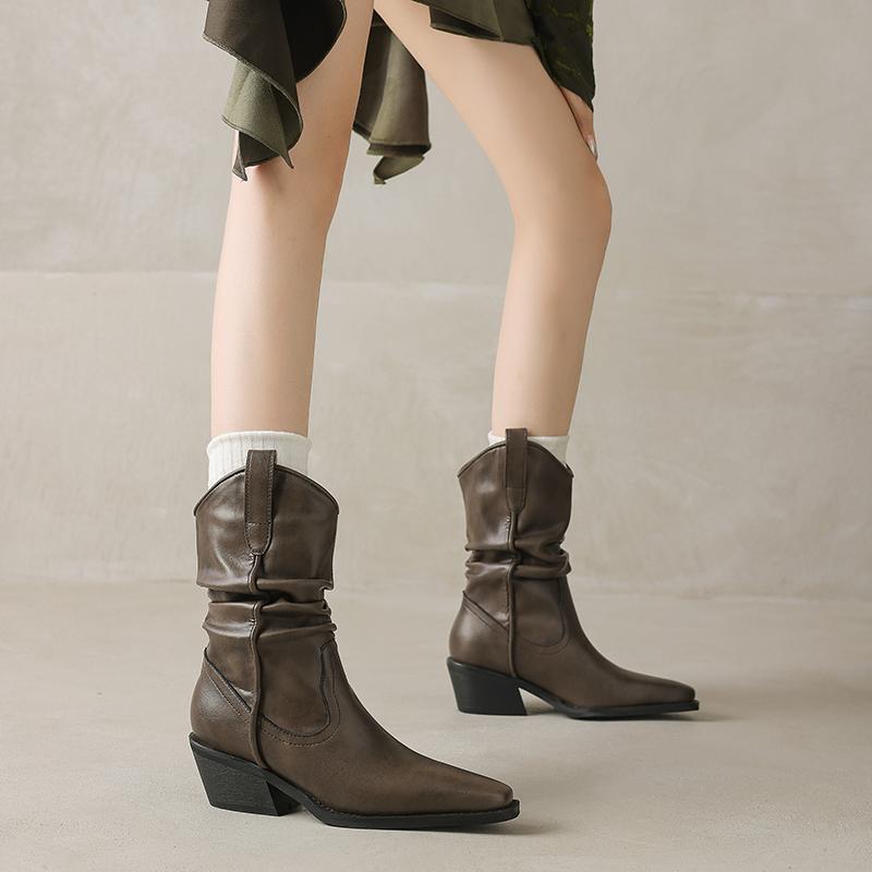 Fashion 2024 New Autumn Winter Women Boot Fashion Pleated Boots for Women Chunky Heel Mid-calf Boots Ladies Shoes Western Boots Retro