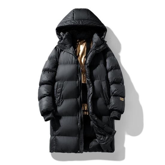 Men Cotton Coat Hooded Long Sleeve Puffer Jacket with Graphene Liner Thermal Insulation Technology Black Golden Color Block Mid-length Outwear